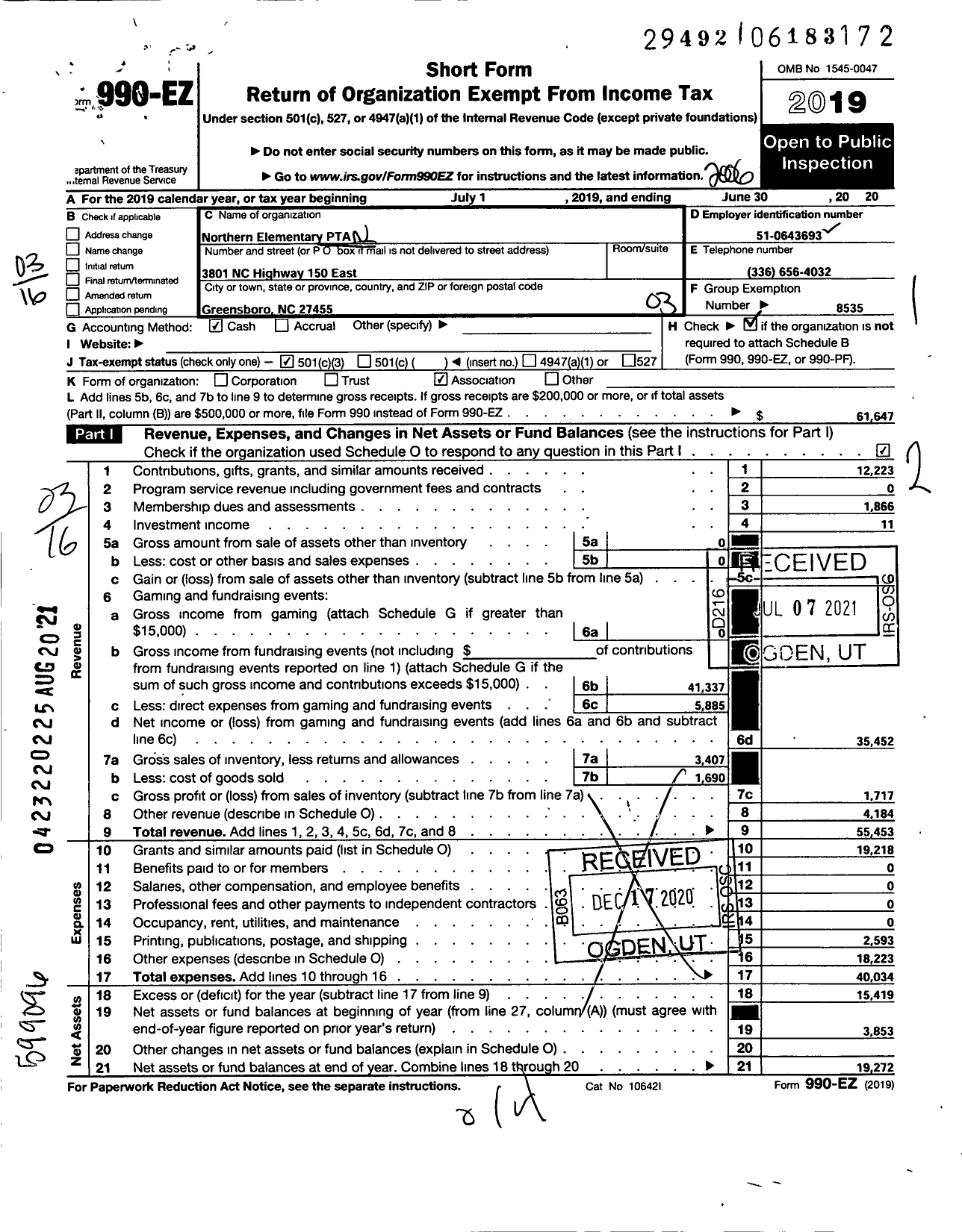 Image of first page of 2019 Form 990EZ for North Carolina PTA - Northern Elementary School