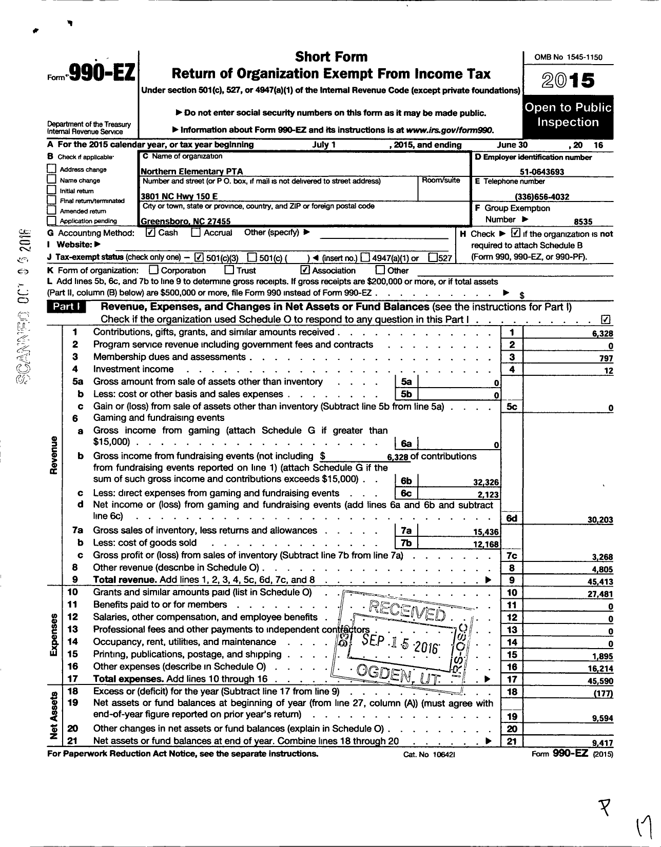 Image of first page of 2015 Form 990EZ for North Carolina PTA - Northern Elementary School