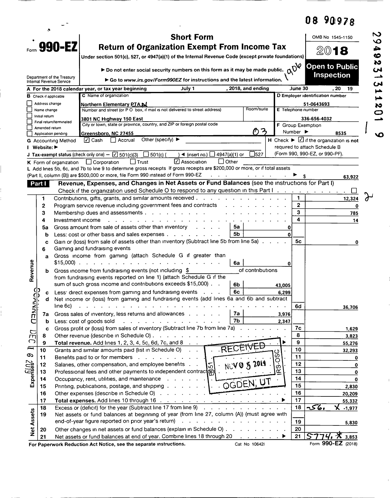 Image of first page of 2018 Form 990EZ for North Carolina PTA - Northern Elementary School