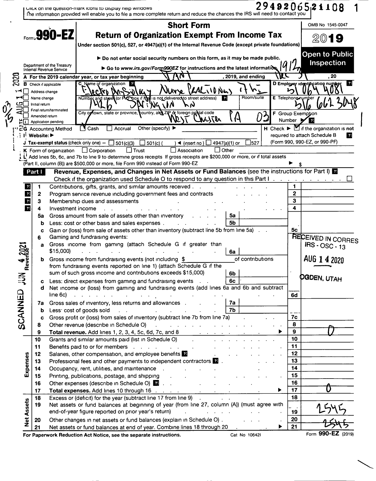 Image of first page of 2019 Form 990EZ for Electrophysiology Nurse Practitioners of Long Island