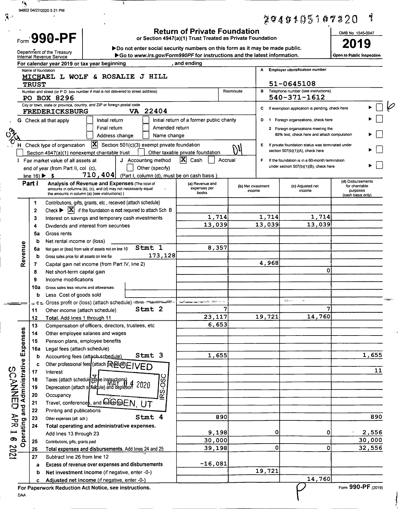 Image of first page of 2019 Form 990PF for Michael L Wolf and Rosalie J Hill Trust