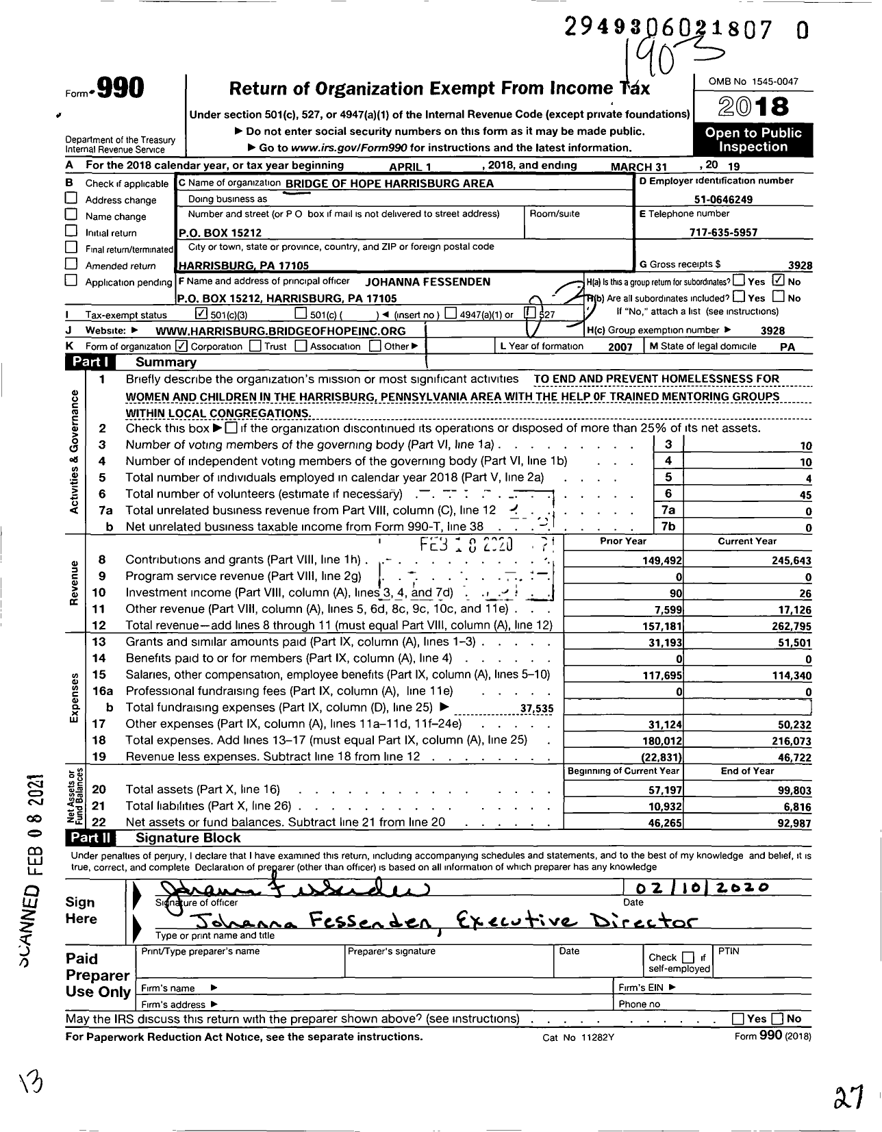 Image of first page of 2018 Form 990 for Bridge of Hope Harrisburg Area