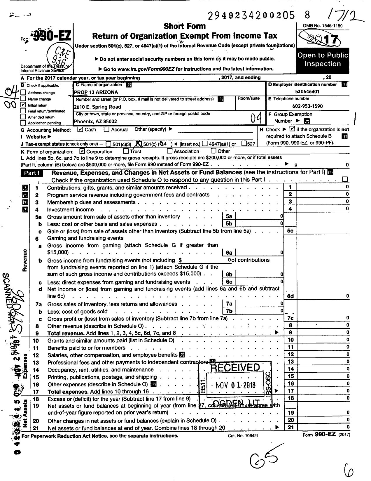 Image of first page of 2017 Form 990EO for Prop 13 Arizona