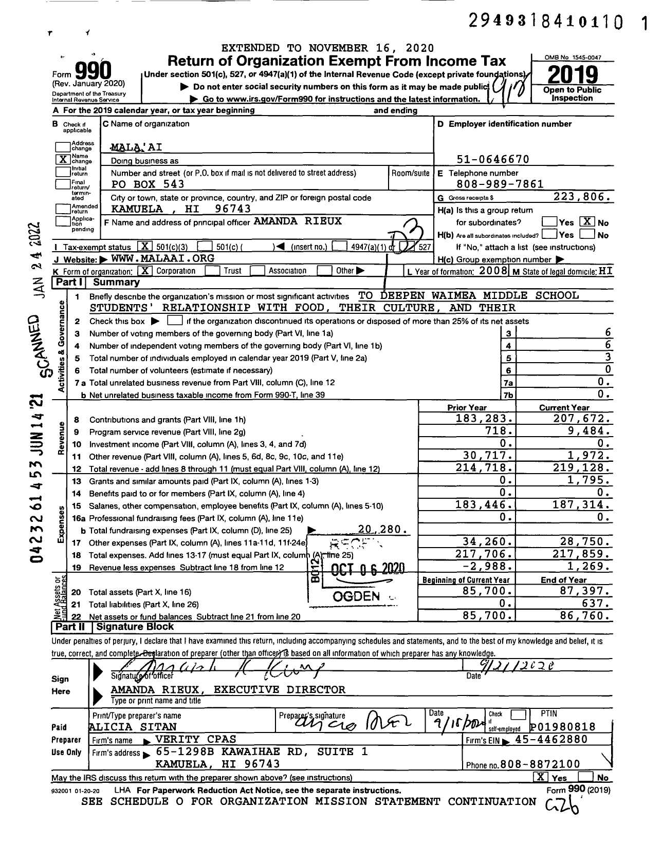 Image of first page of 2019 Form 990 for Mala'ai