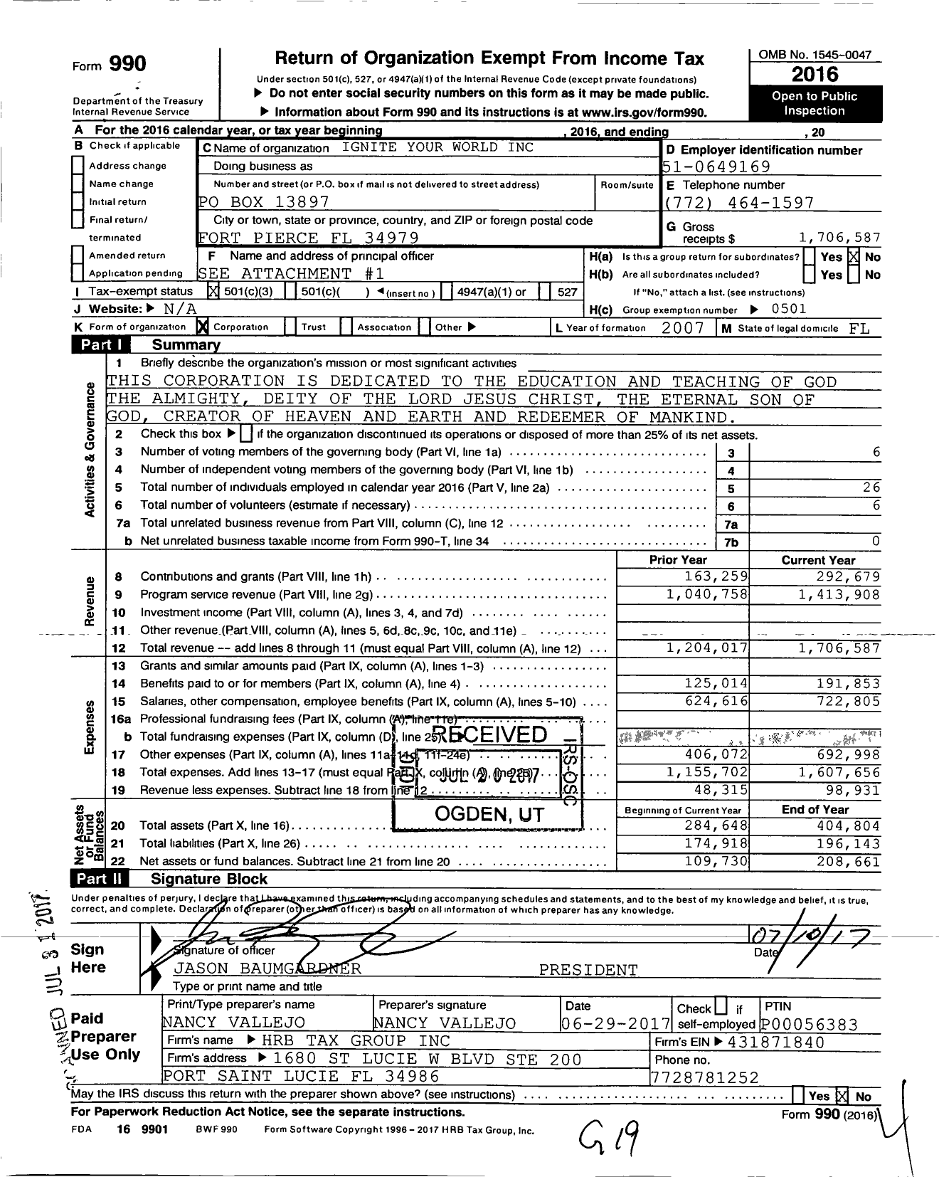 Image of first page of 2016 Form 990 for Ignite Your World