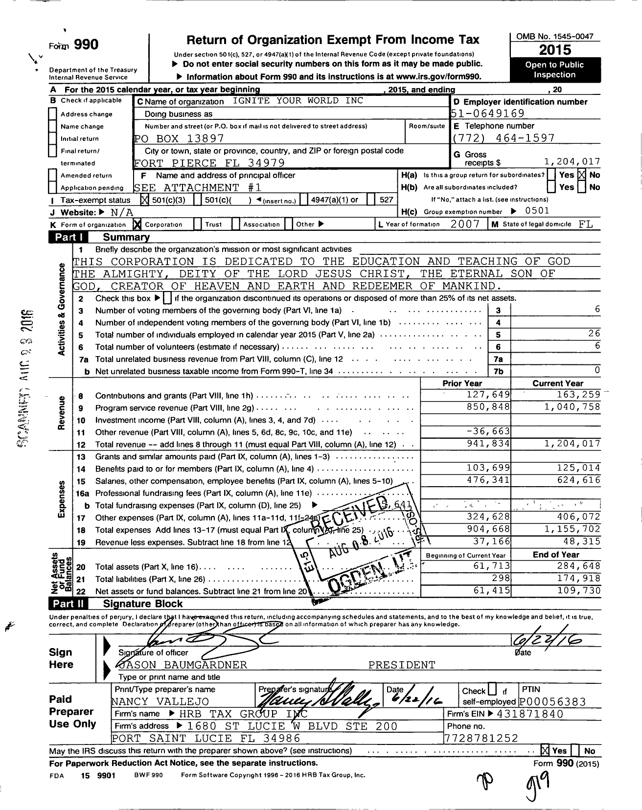 Image of first page of 2015 Form 990 for Ignite Your World