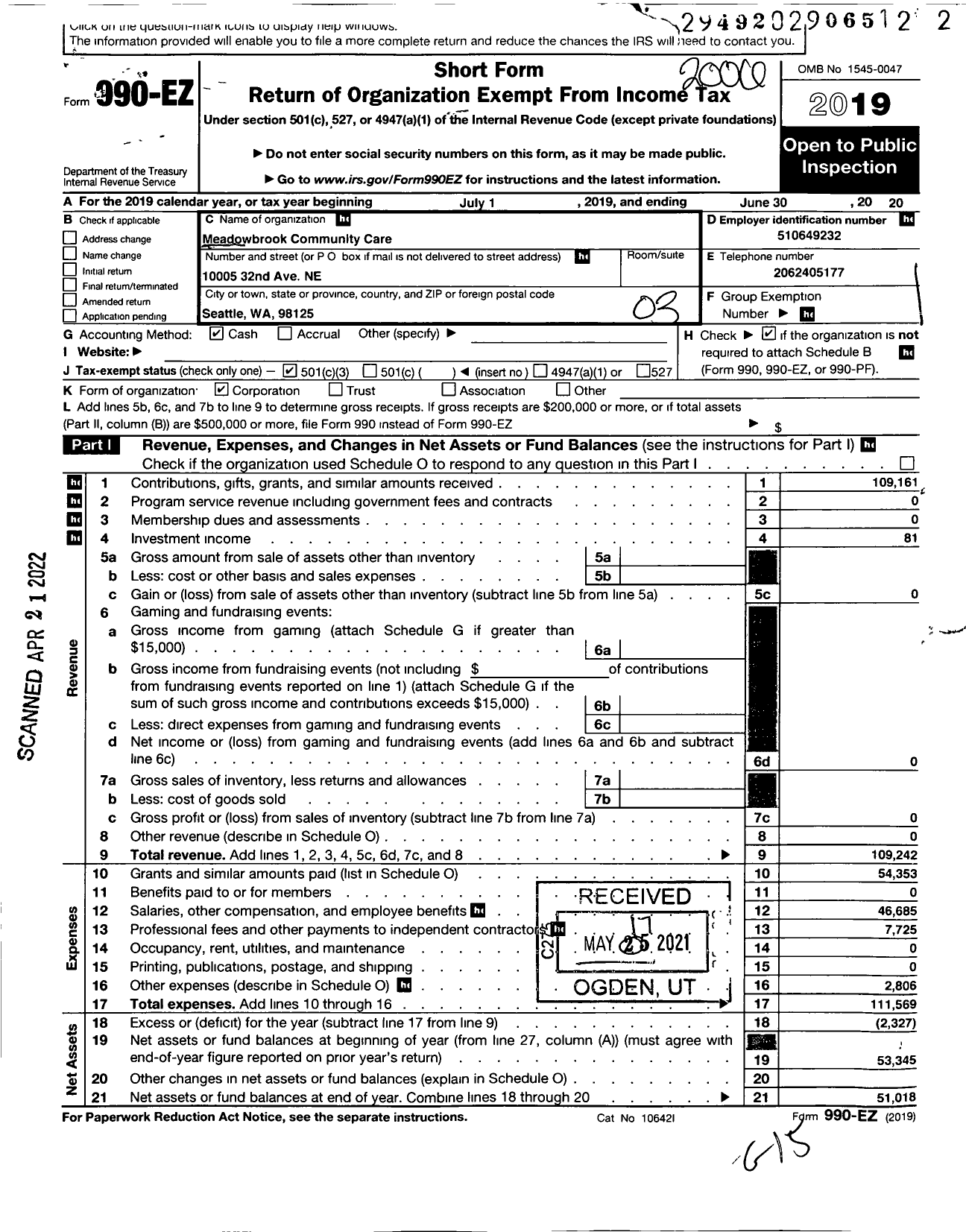 Image of first page of 2019 Form 990EZ for Meadowbrook Community Care