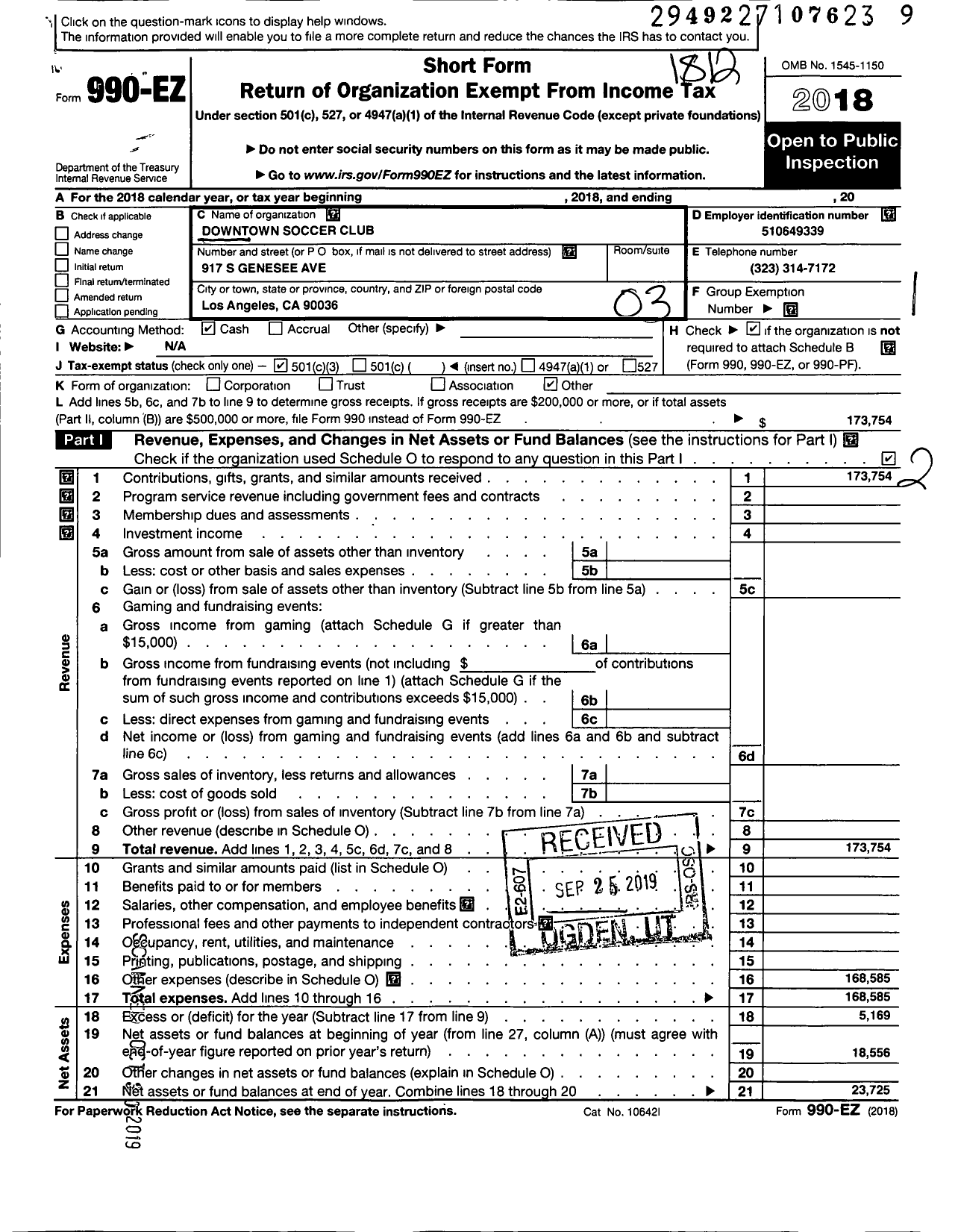 Image of first page of 2018 Form 990EZ for DOWNTOWN SOCCER Club