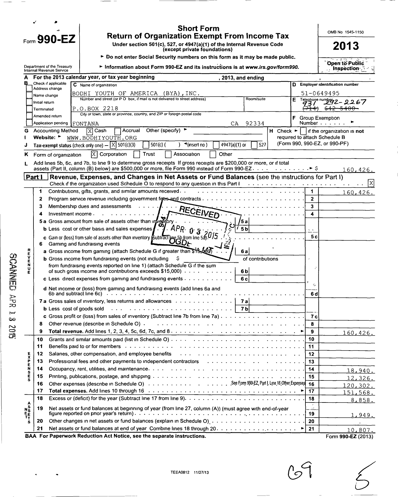 Image of first page of 2013 Form 990EZ for Bodhi Youth of America