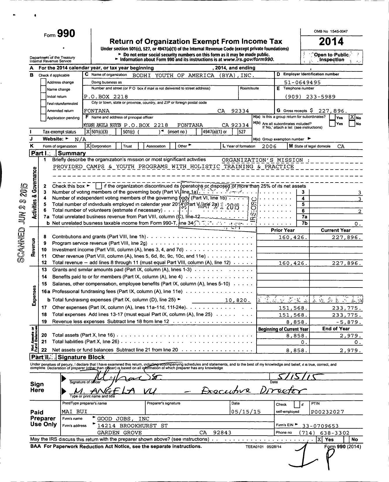 Image of first page of 2014 Form 990 for Bodhi Youth of America