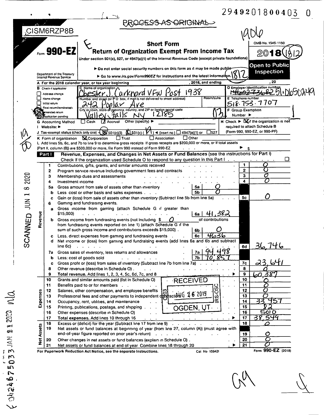 Image of first page of 2018 Form 990EO for Department of New York VFW Auxiliary