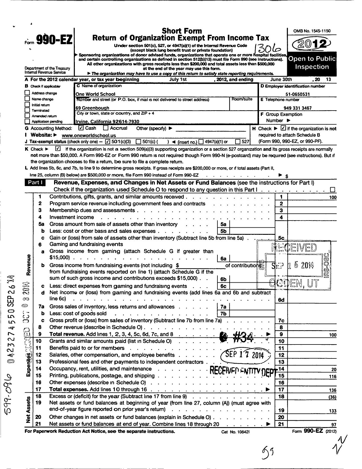 Image of first page of 2012 Form 990EZ for One World School