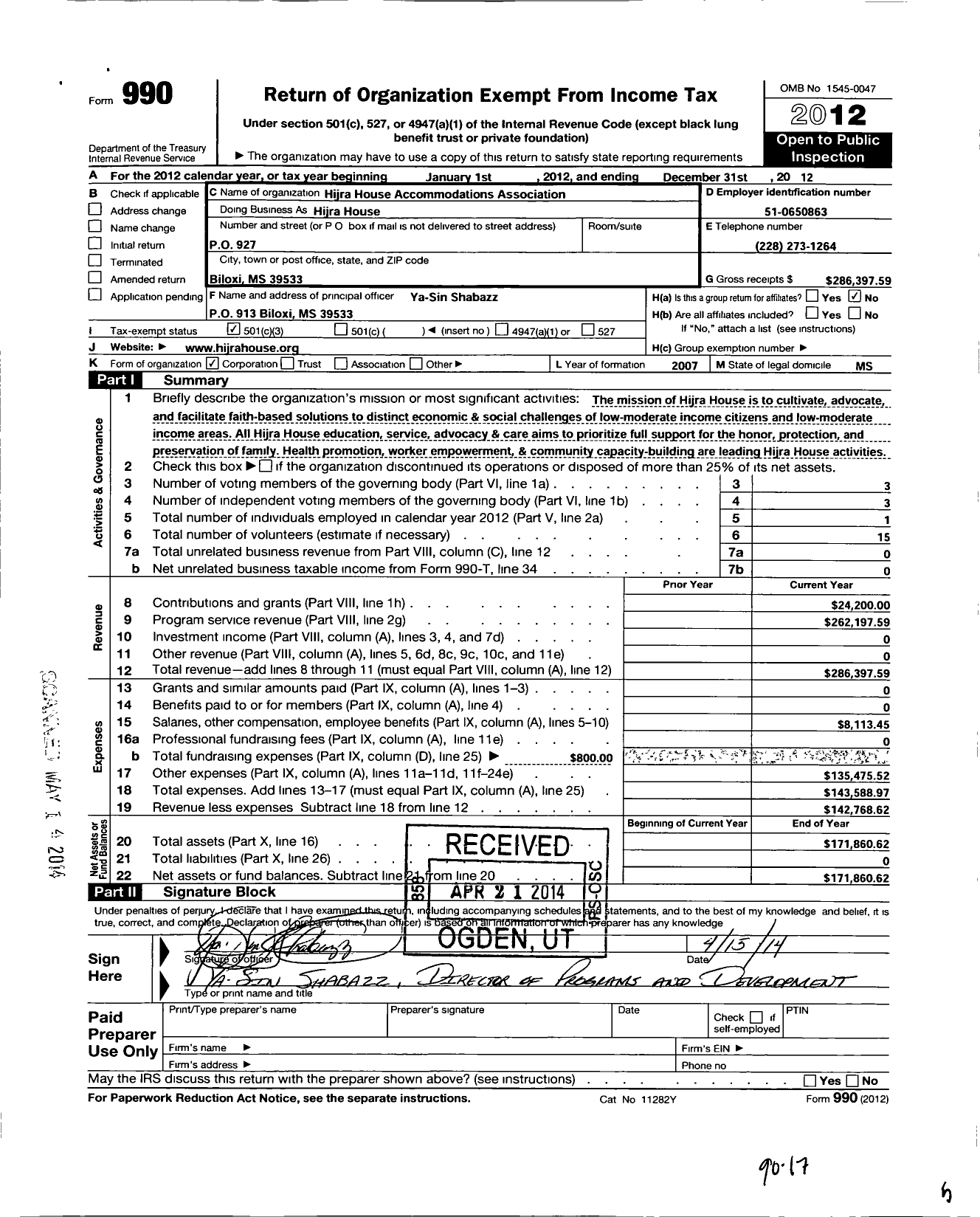 Image of first page of 2012 Form 990 for Hijra House