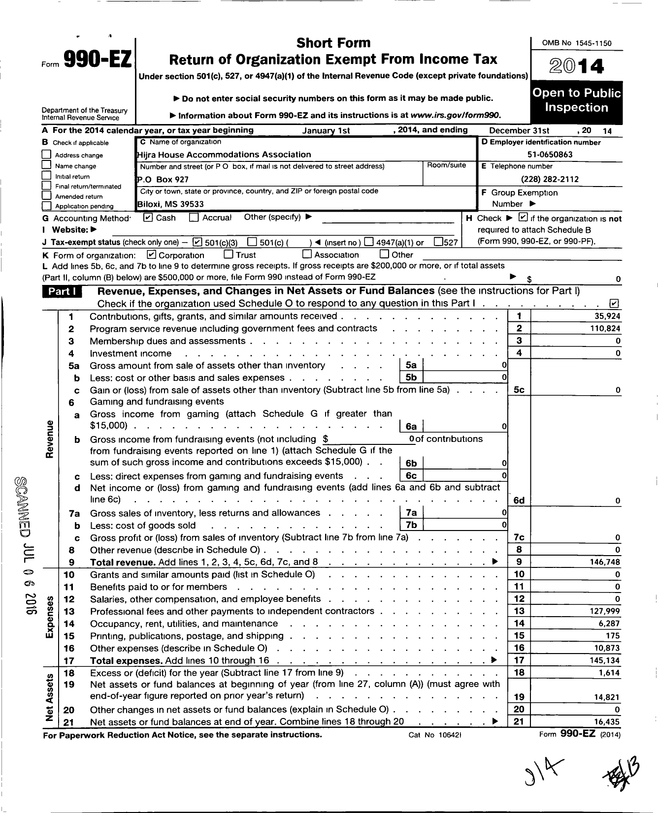 Image of first page of 2014 Form 990EZ for Hijra House