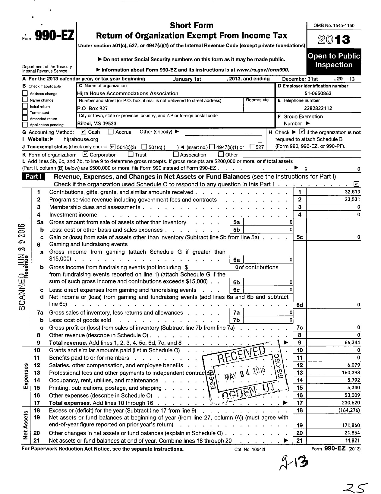 Image of first page of 2013 Form 990EZ for Hijra House