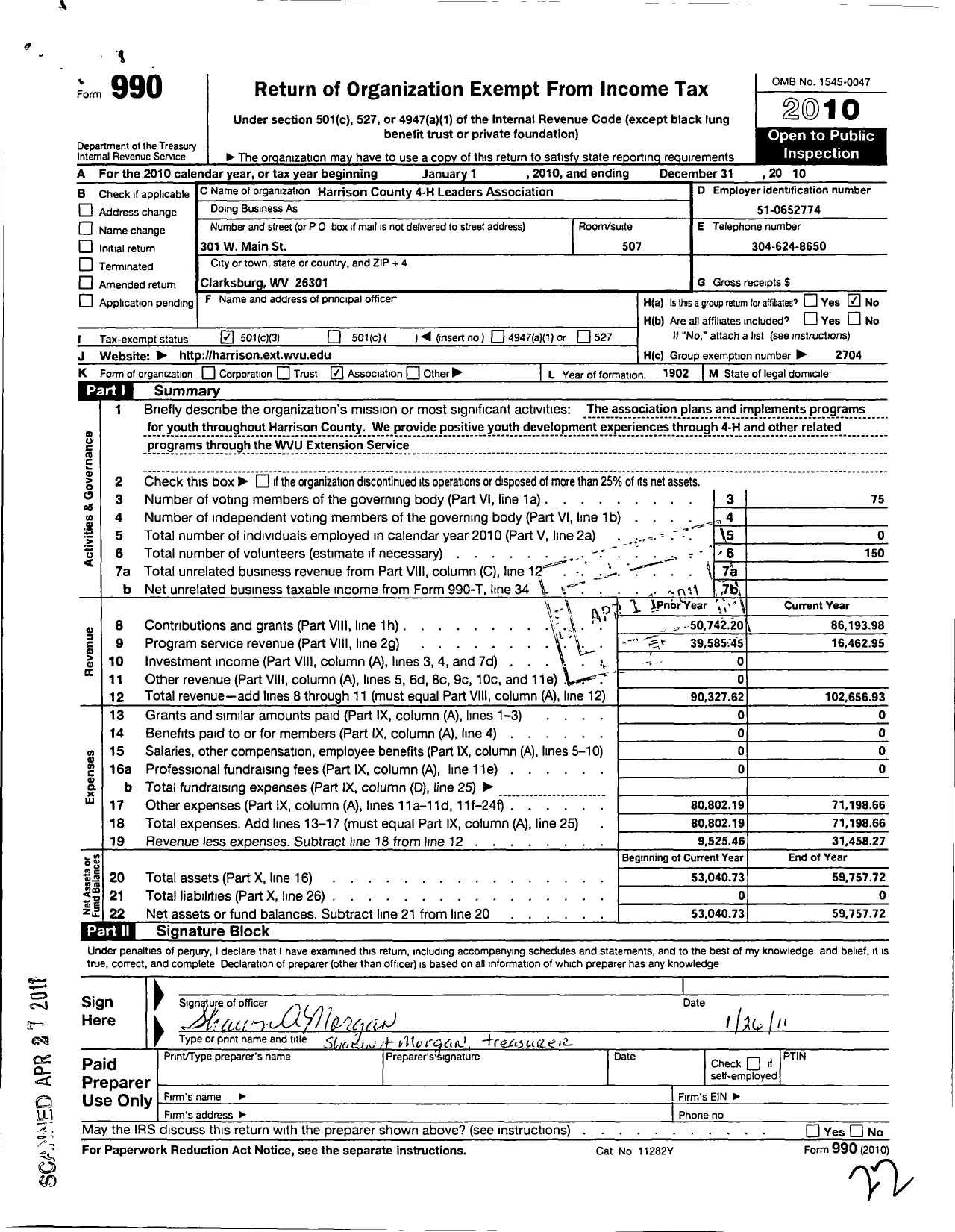 Image of first page of 2010 Form 990 for State of West Virginia West Virginia University / Harrison Co 4-H Leaders Association