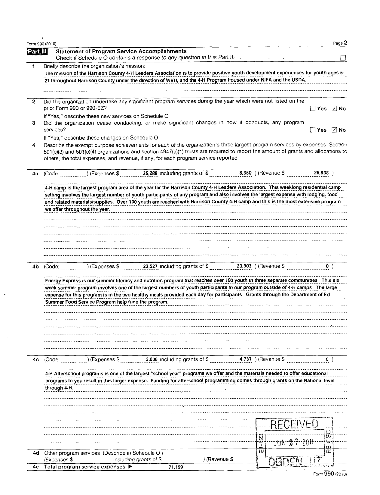 Image of first page of 2010 Form 990R for State of West Virginia West Virginia University / Harrison Co 4-H Leaders Association