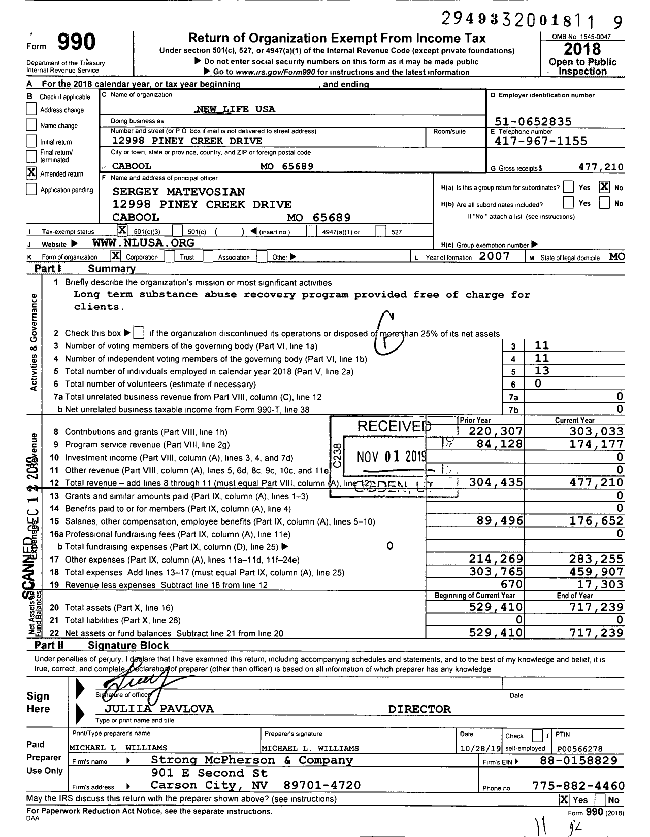 Image of first page of 2018 Form 990 for New Life USA
