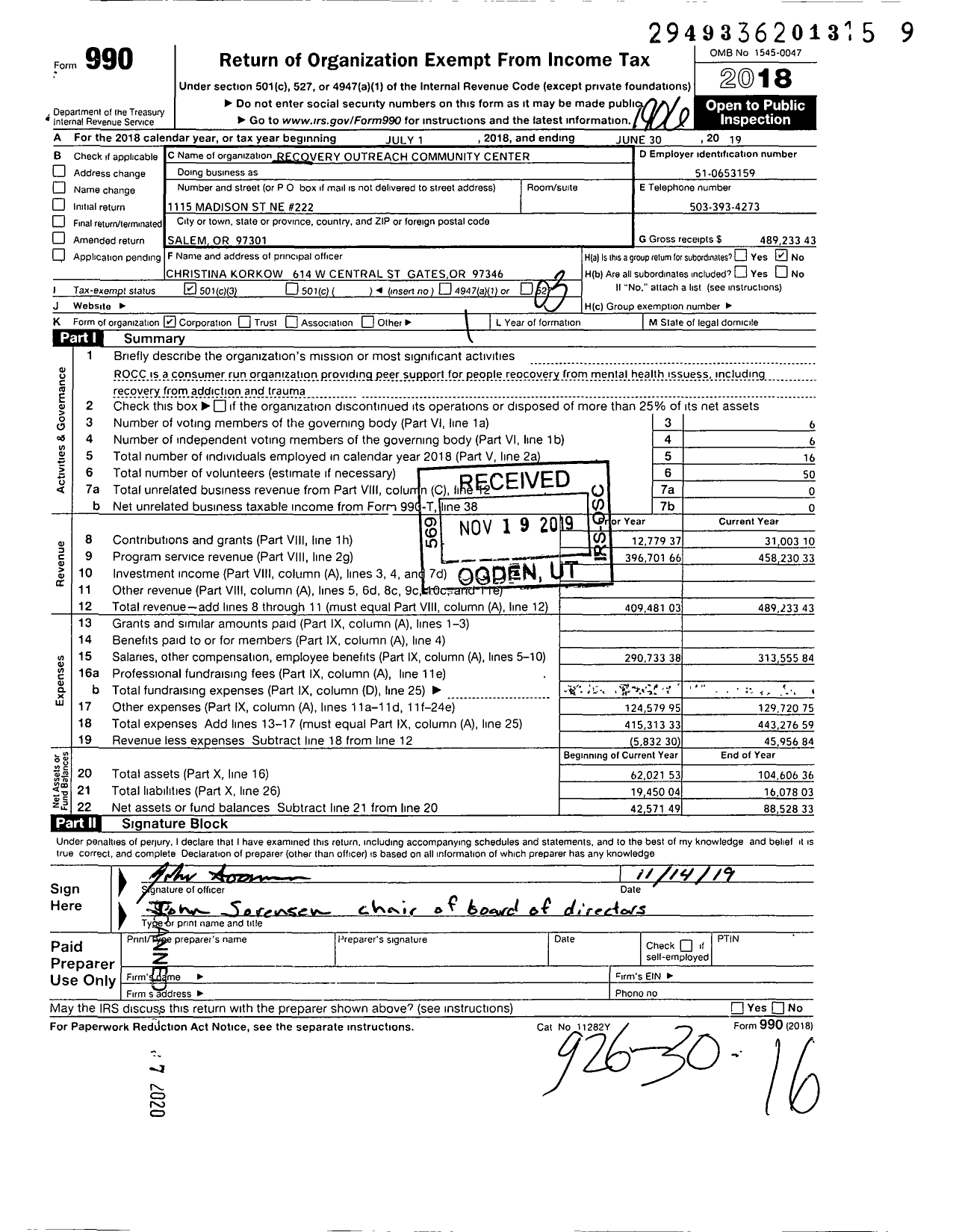 Image of first page of 2018 Form 990 for Recovery Outreach Community Center