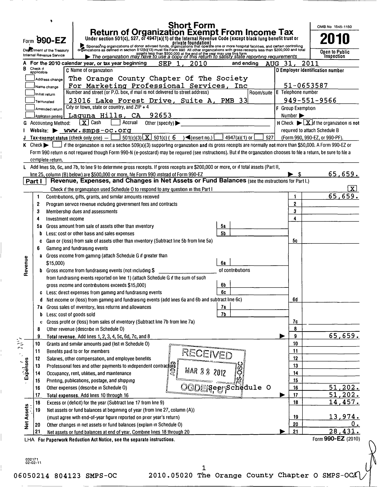 Image of first page of 2010 Form 990EO for Society for Marketing Professional Services / Orange County Chapter of SMPS