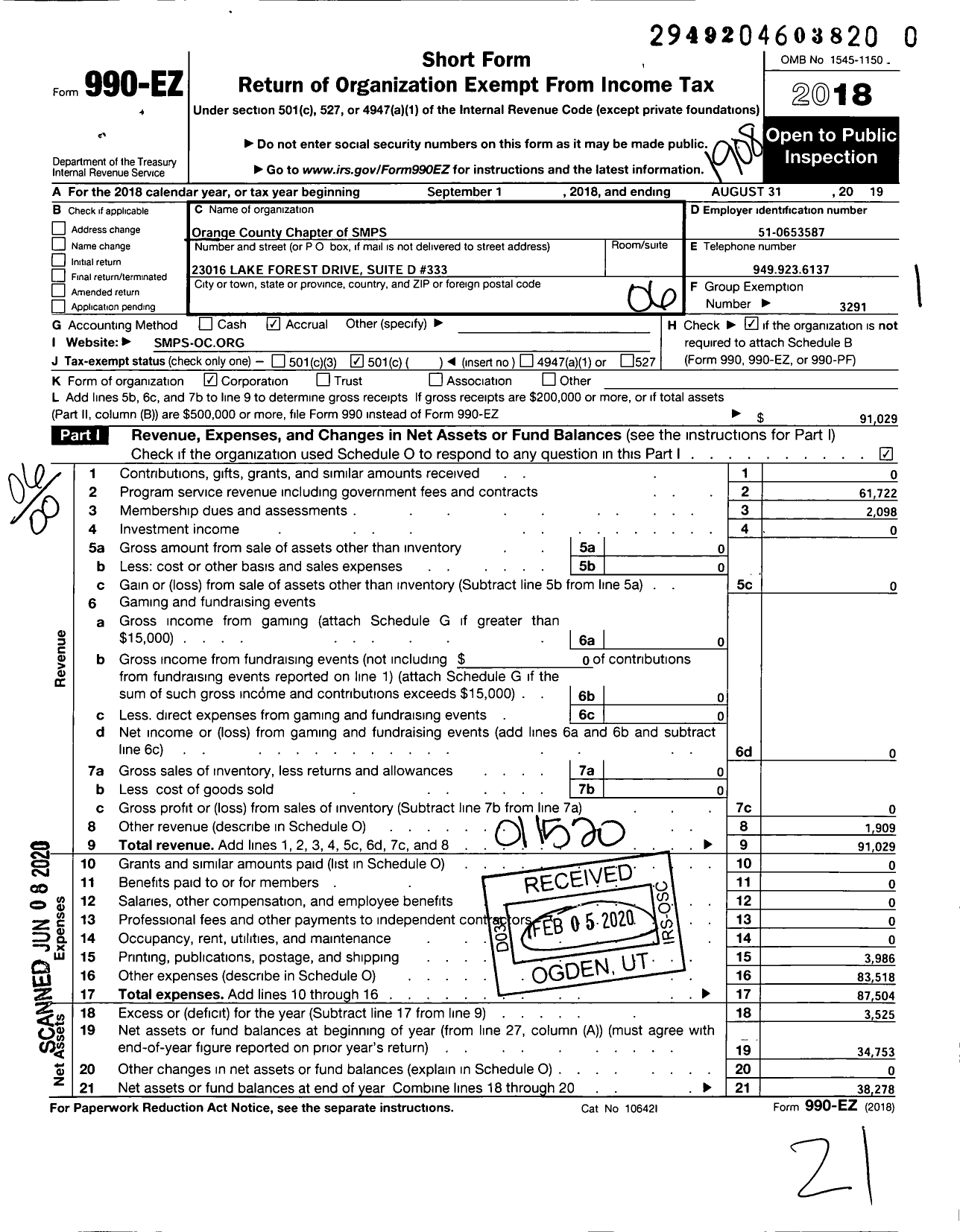 Image of first page of 2018 Form 990EO for Society for Marketing Professional Services / Orange County Chapter of SMPS