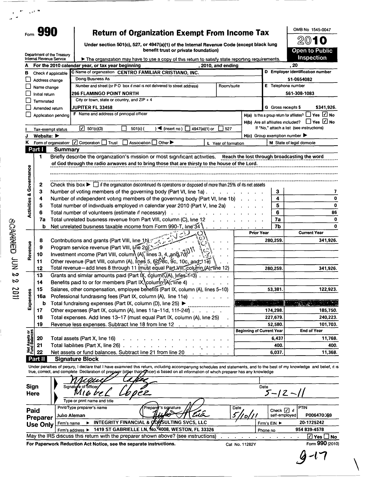 Image of first page of 2010 Form 990 for Centro Familiar Cristiano