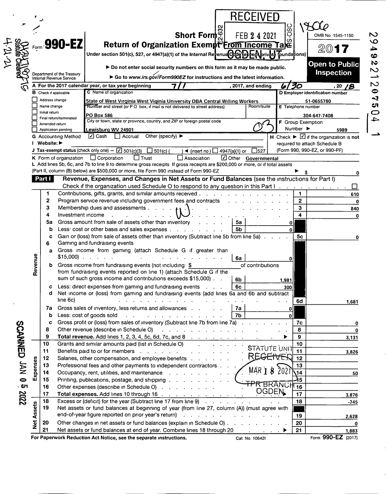 Image of first page of 2017 Form 990EZ for State of West Virginia West Virginia University / Central Willing Workers