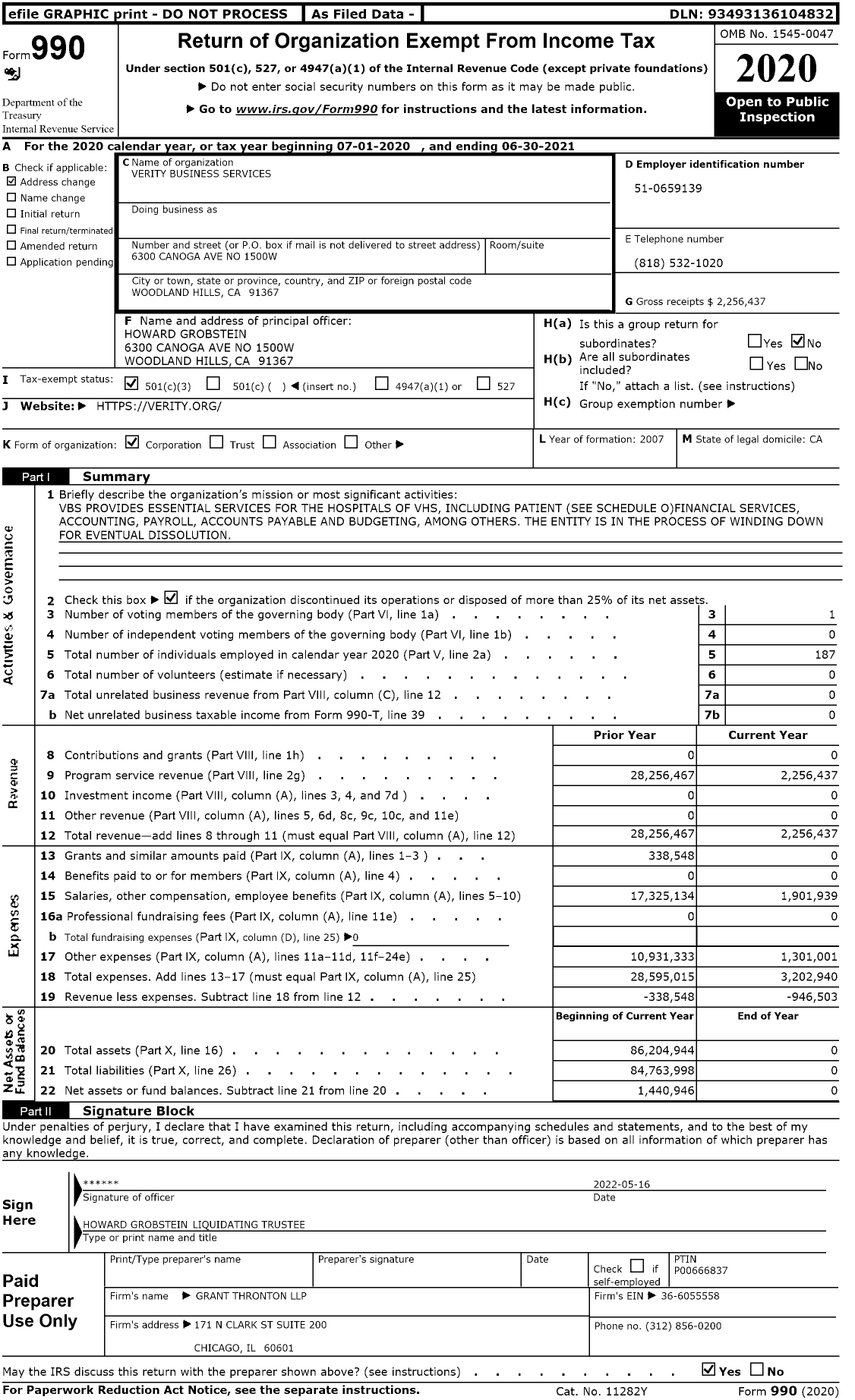 Image of first page of 2020 Form 990 for Verity Business Services Howard B Grobstein Liquidating Trustee