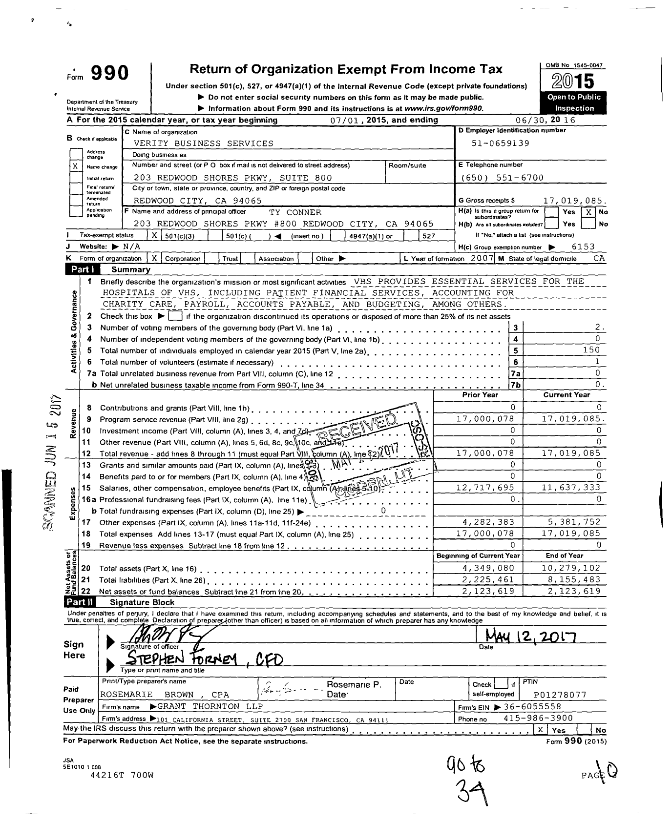 Image of first page of 2015 Form 990 for Verity Business Services Howard B Grobstein Liquidating Trustee