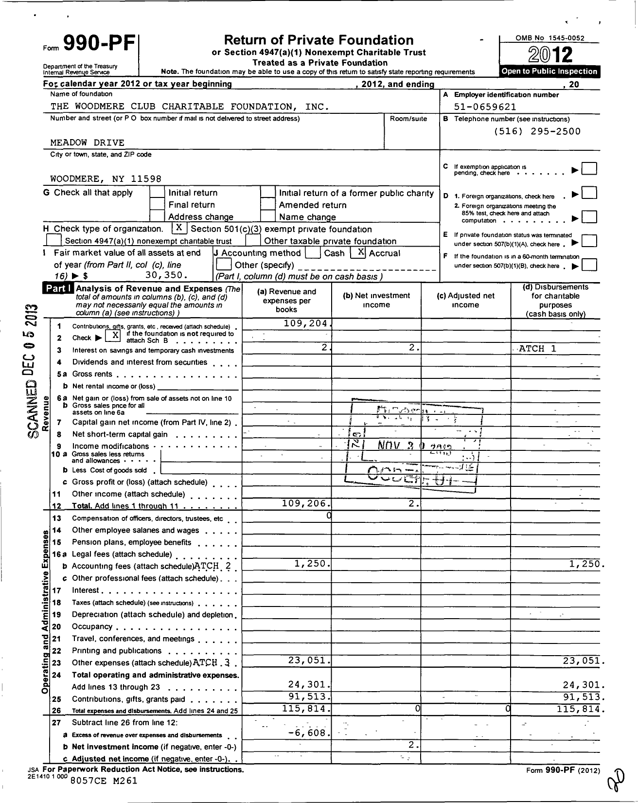 Image of first page of 2012 Form 990PF for Woodmere Club Charitable Foundation