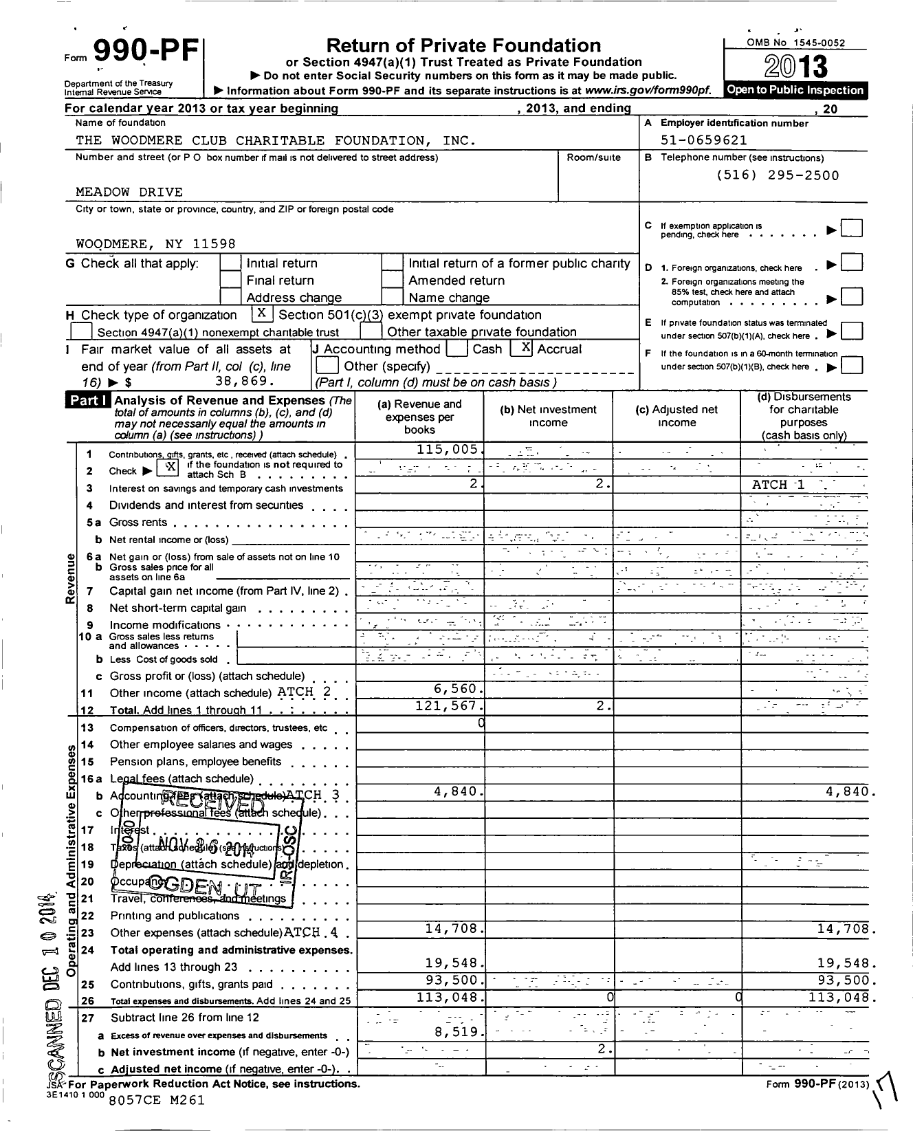 Image of first page of 2013 Form 990PF for Woodmere Club Charitable Foundation