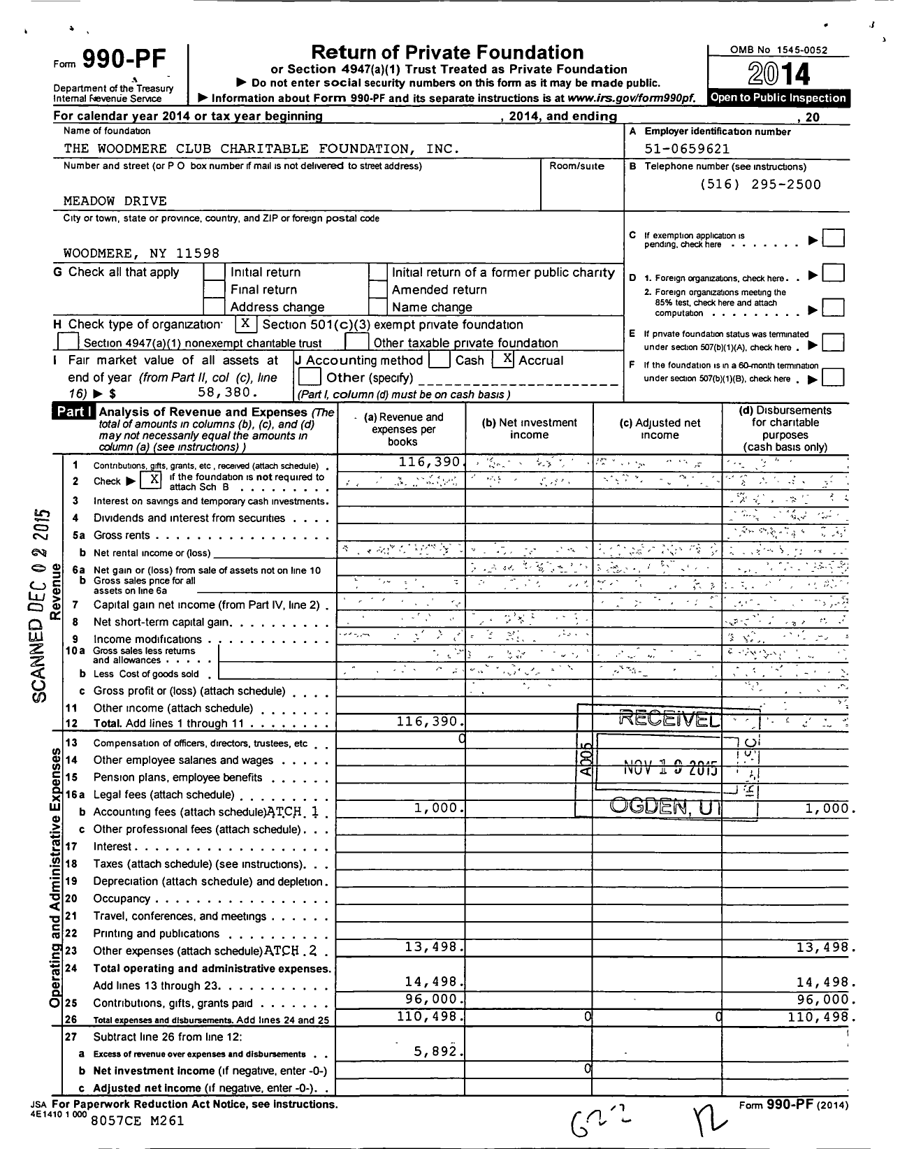 Image of first page of 2014 Form 990PF for Woodmere Club Charitable Foundation