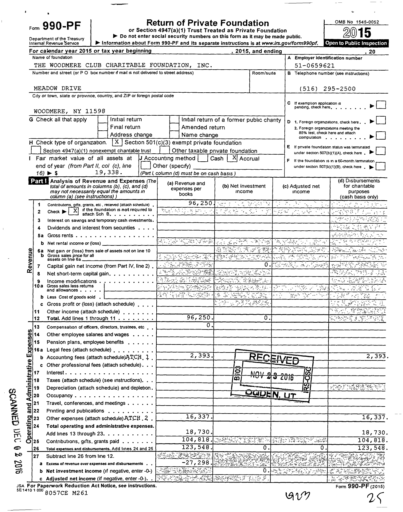 Image of first page of 2015 Form 990PF for Woodmere Club Charitable Foundation