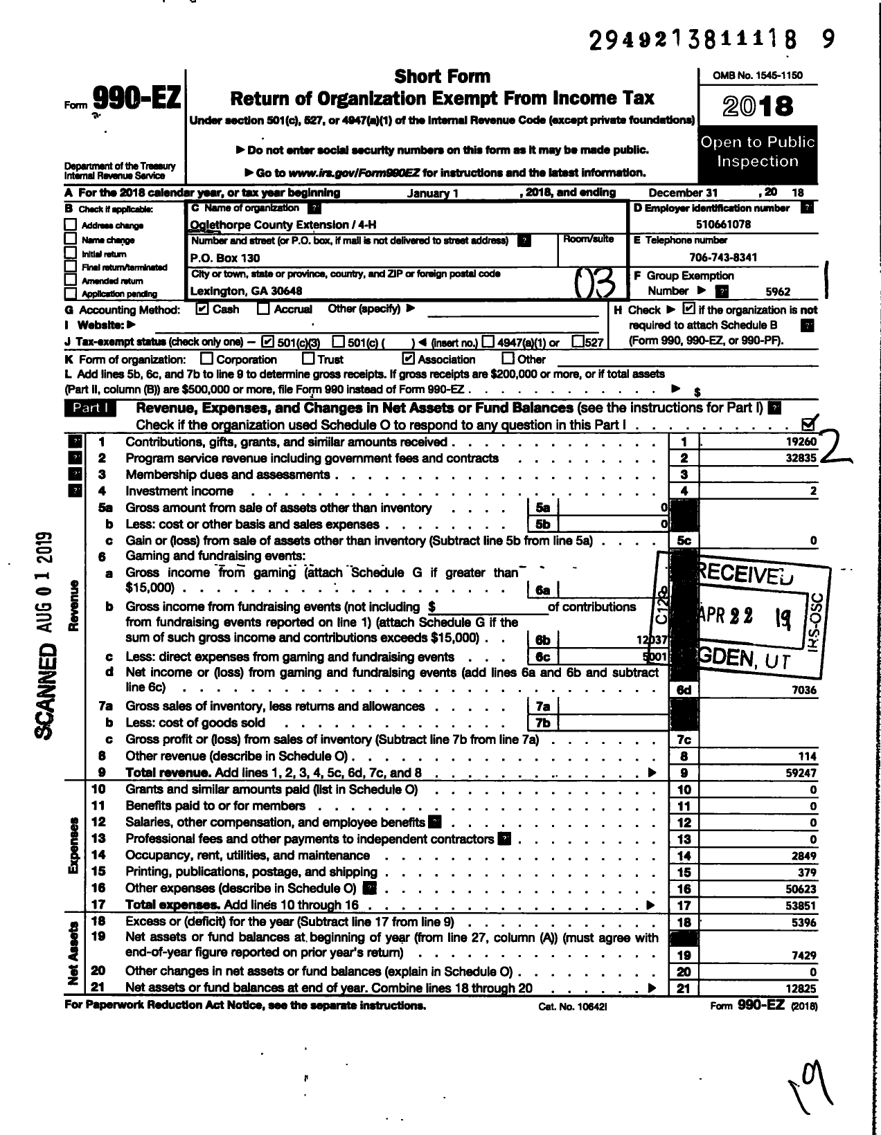 Image of first page of 2018 Form 990EZ for Georgia Extension 4-H Foundation / Oglethorpe County Extension 4-H