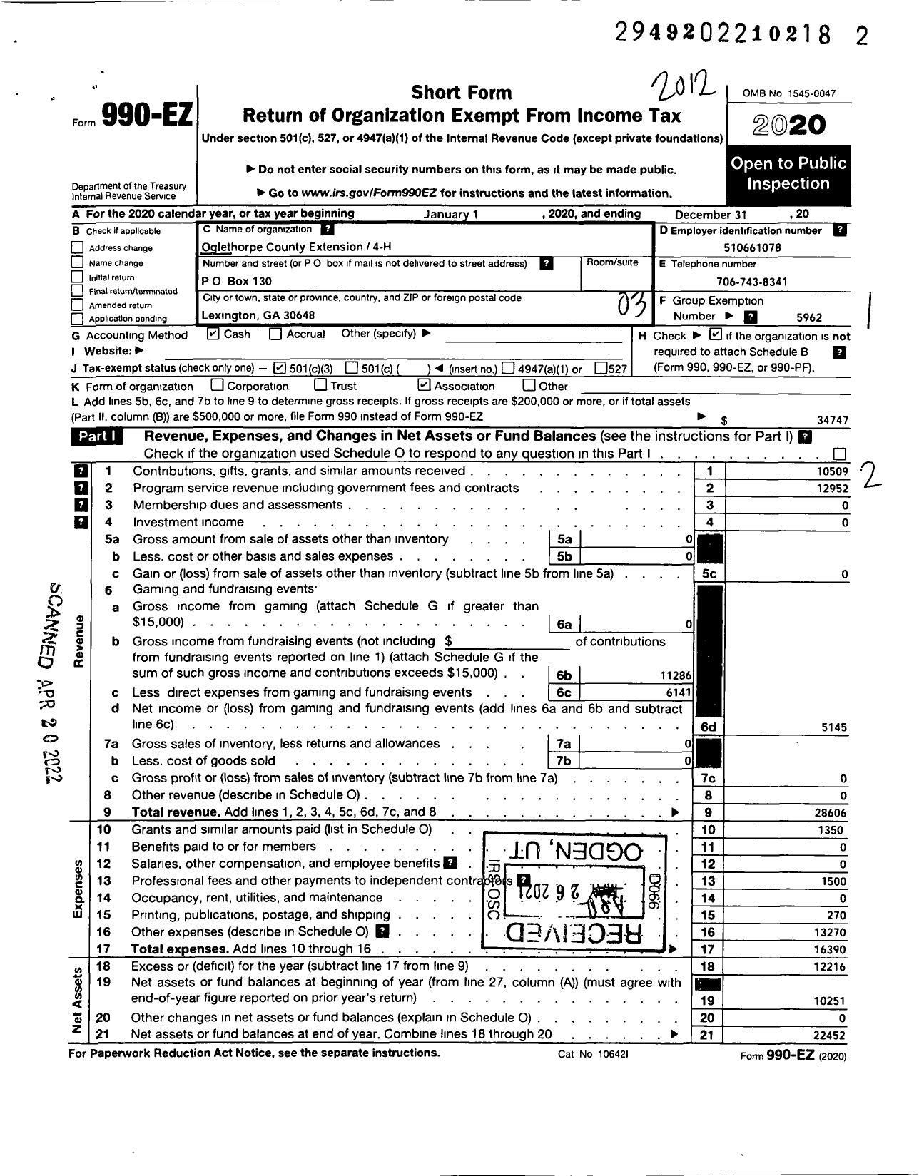 Image of first page of 2020 Form 990EZ for Georgia Extension 4-H Foundation / Oglethorpe County Extension 4-H