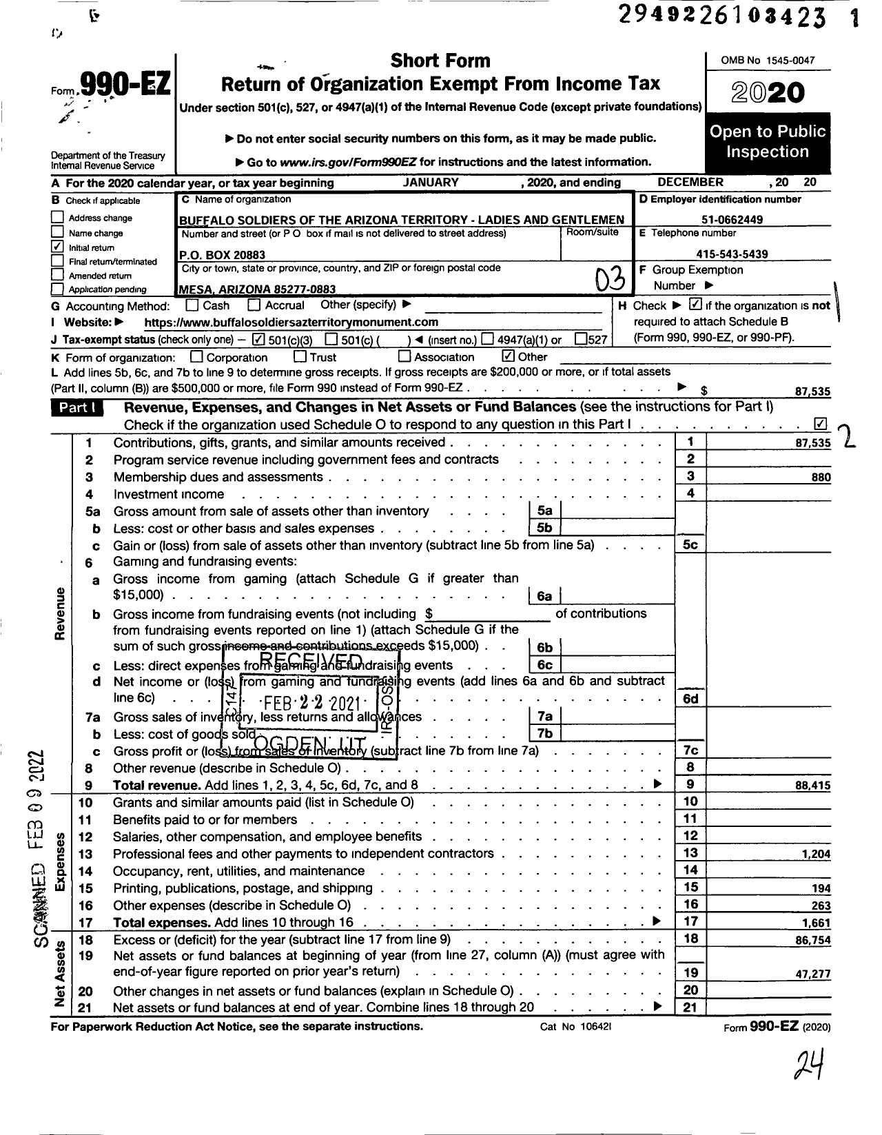 Image of first page of 2020 Form 990EZ for Buffalo Soldiers of the Arizona Territory