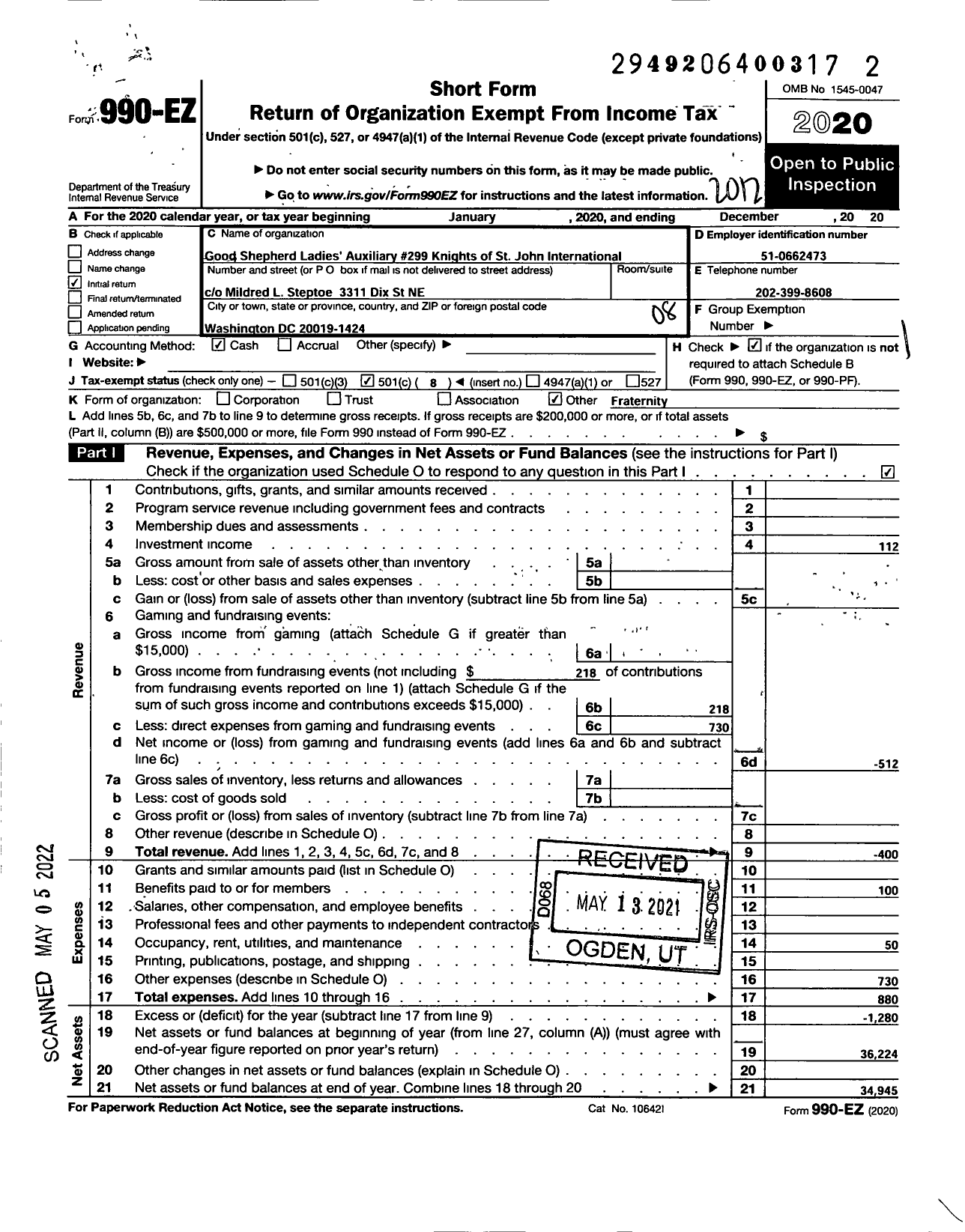 Image of first page of 2020 Form 990EO for Knights of St John Supremem Ladies Auxiliary - 299 Good Shepherd Auxiliary