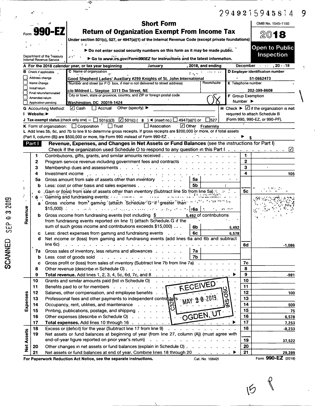 Image of first page of 2018 Form 990EO for Knights of St John Supremem Ladies Auxiliary - 299 Good Shepherd Auxiliary