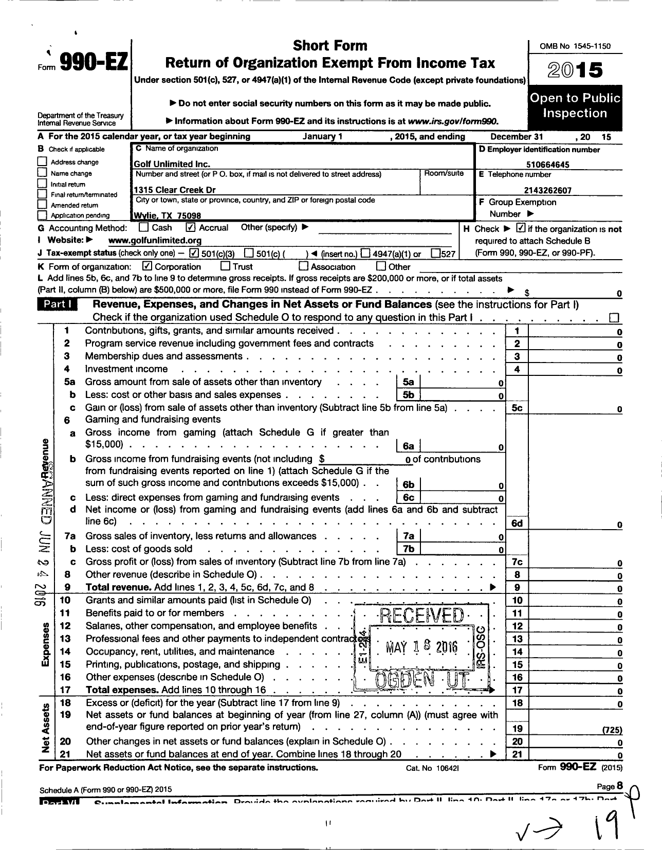 Image of first page of 2015 Form 990EZ for Golf Unlimited