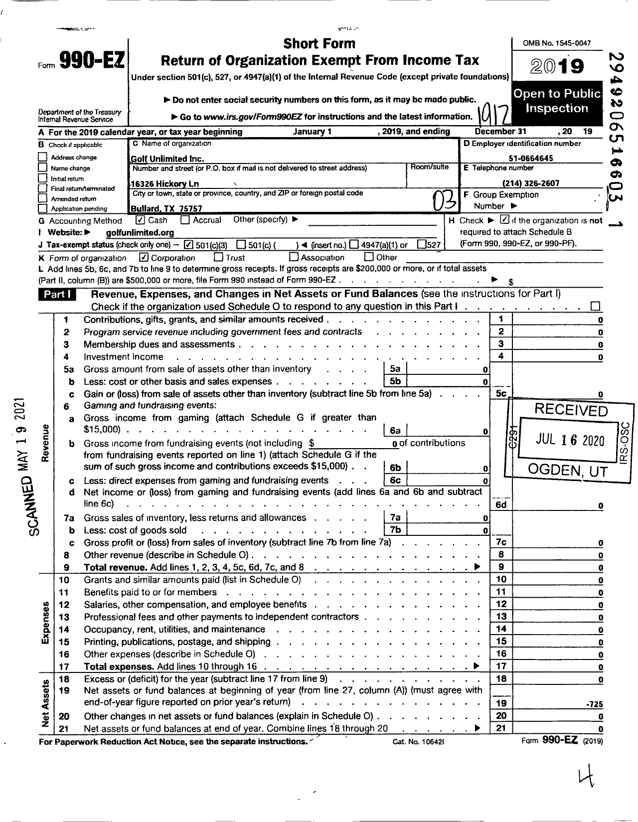 Image of first page of 2019 Form 990EZ for Golf Unlimited