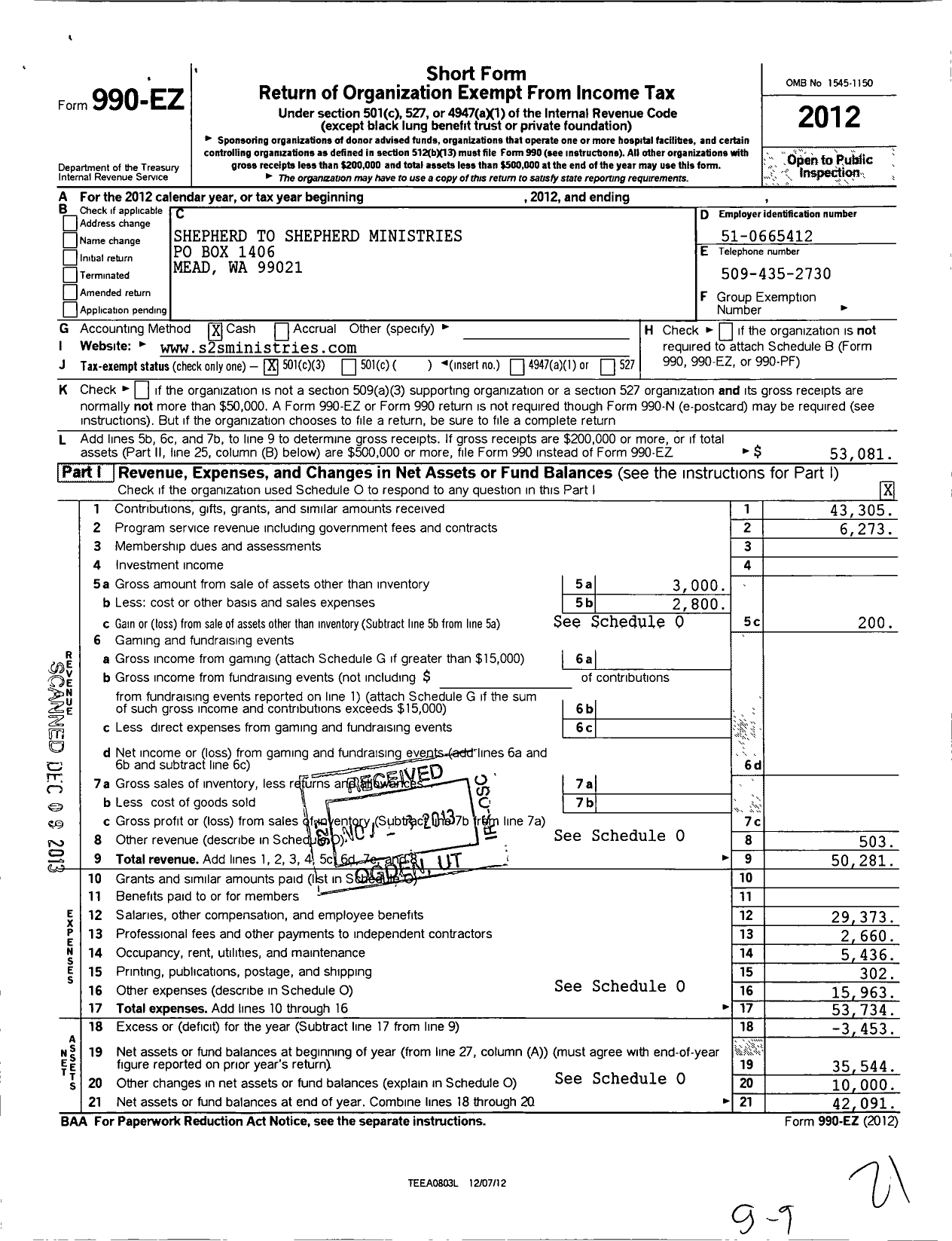 Image of first page of 2012 Form 990EZ for Shepherd To Shepherd Ministries