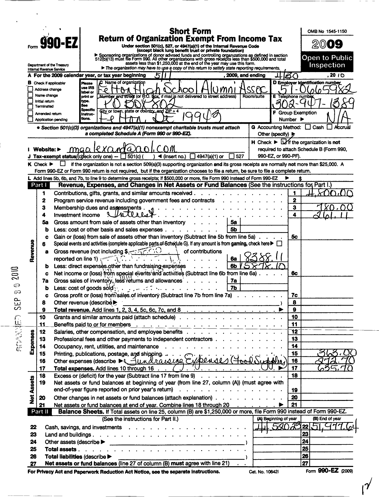 Image of first page of 2009 Form 990EO for Felton High School Alumni Association