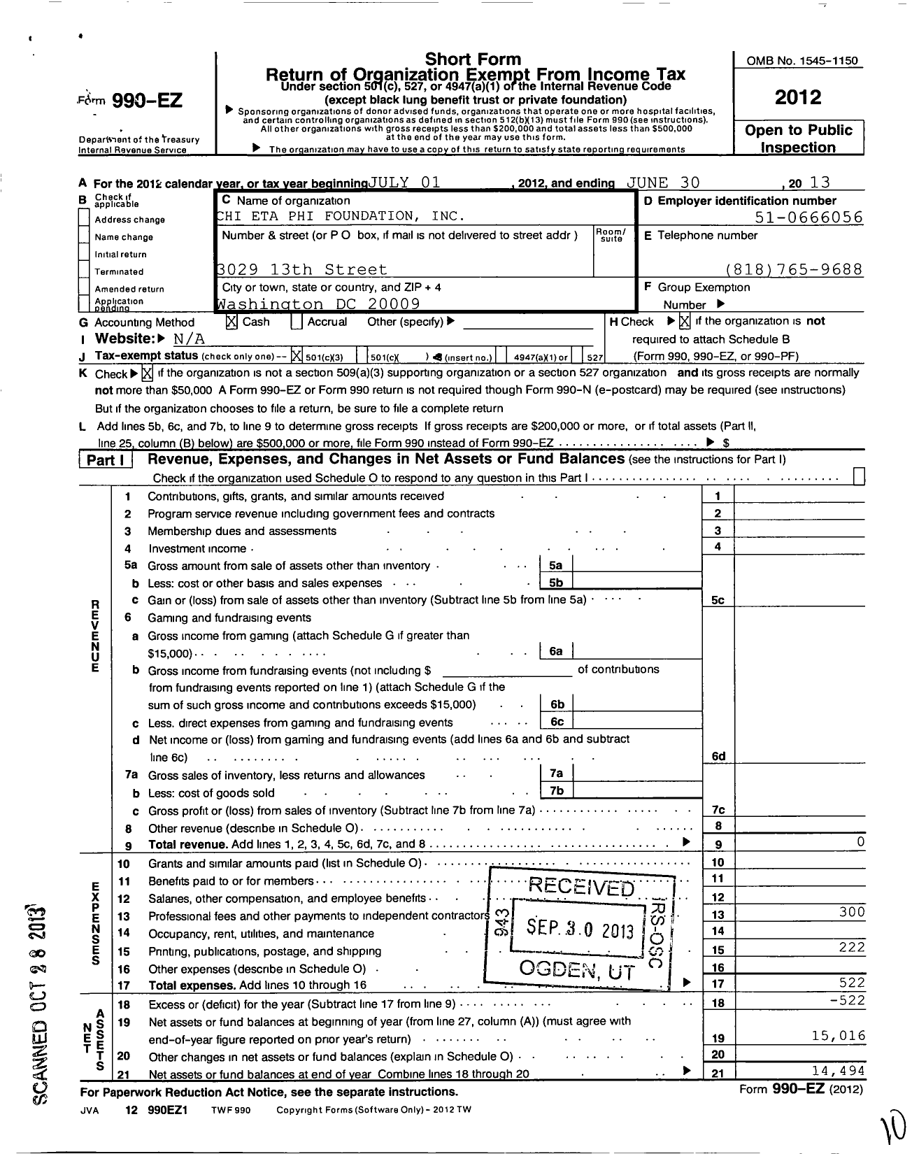 Image of first page of 2012 Form 990EZ for Chi Eta Phi Education Foundation