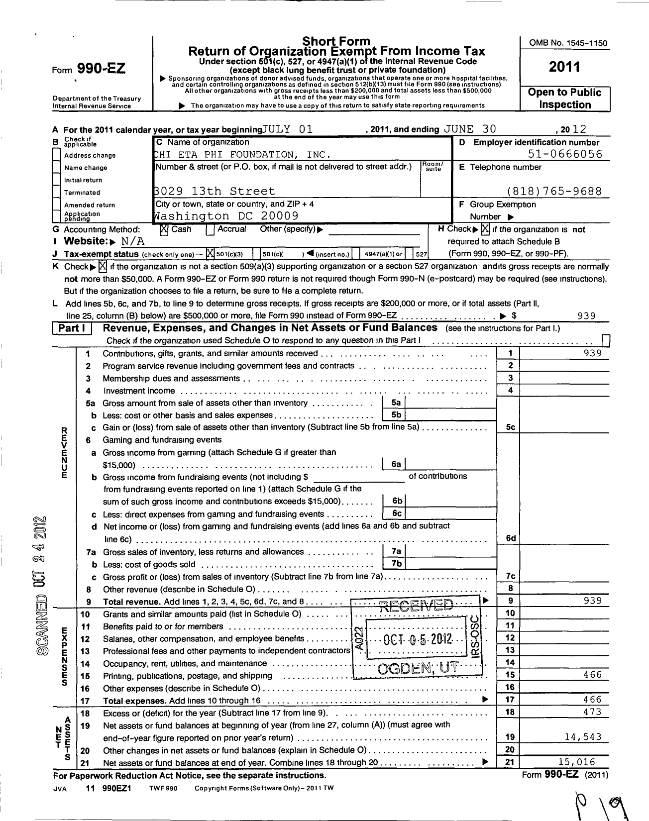 Image of first page of 2011 Form 990EZ for Chi Eta Phi Education Foundation