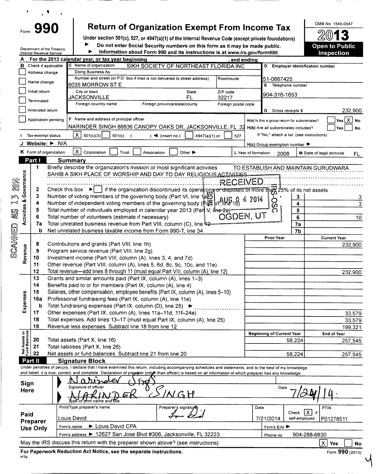 Image of first page of 2013 Form 990 for Sikh Society of Northeast Florida