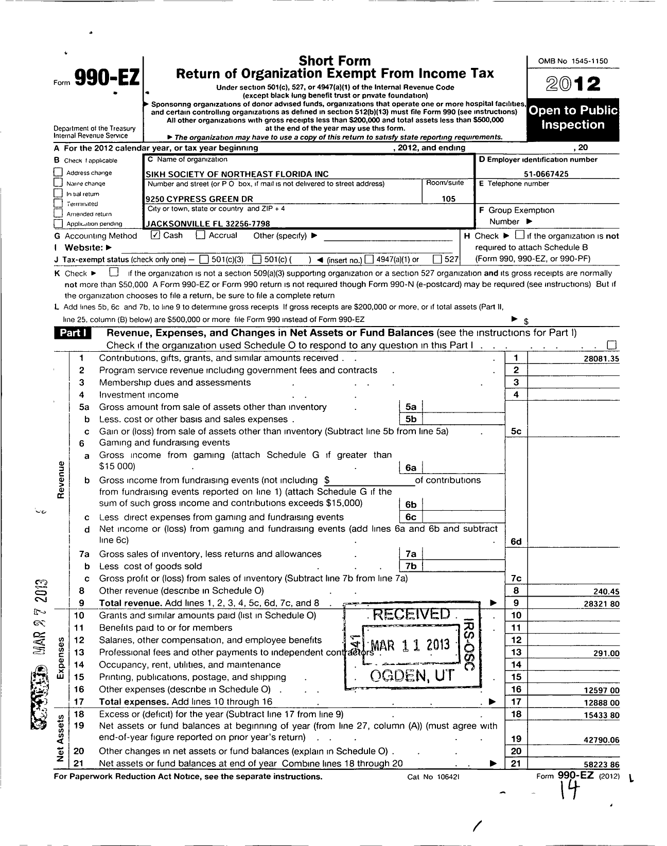 Image of first page of 2012 Form 990EO for Sikh Society of Northeast Florida