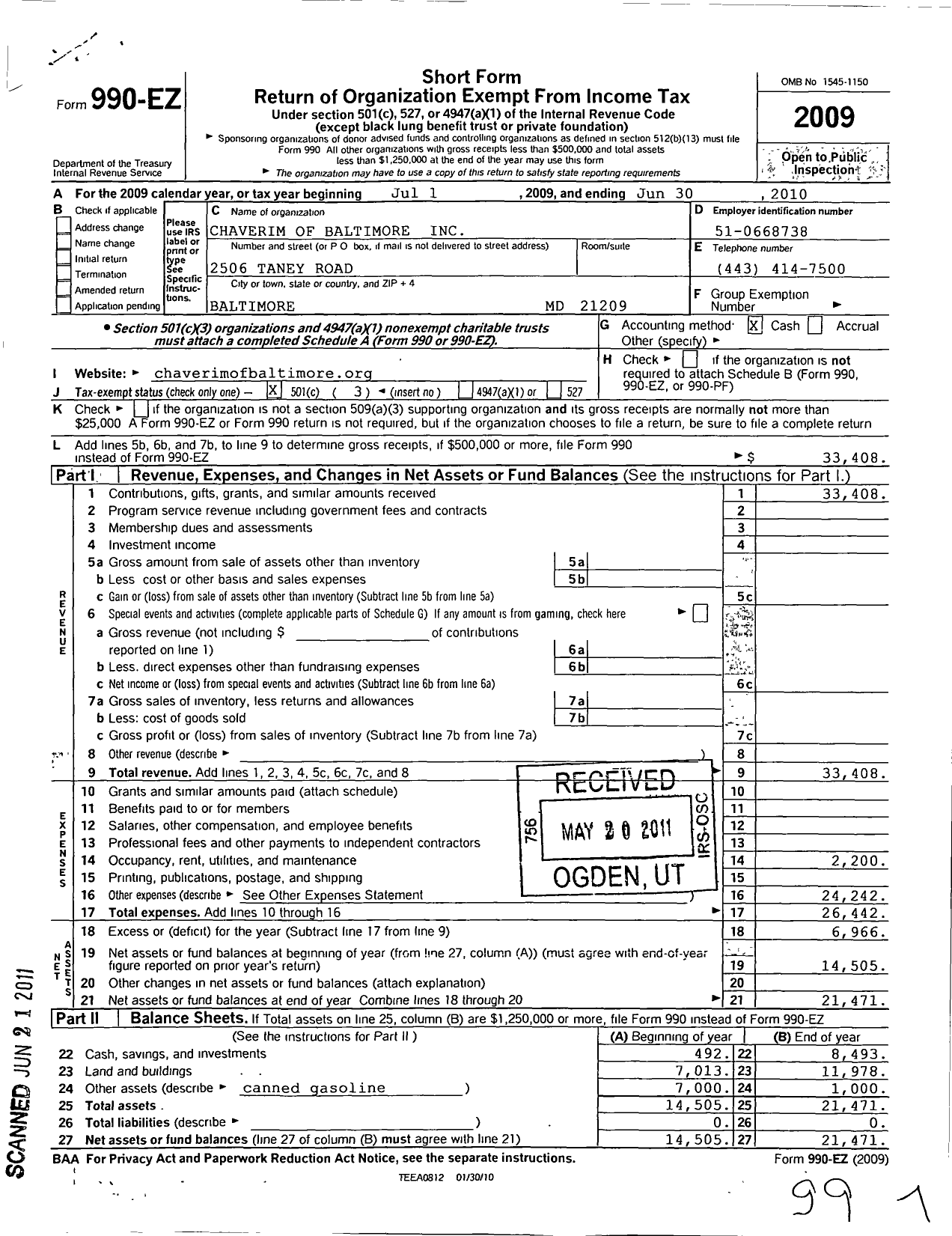 Image of first page of 2009 Form 990EZ for Chaverim of Baltimore