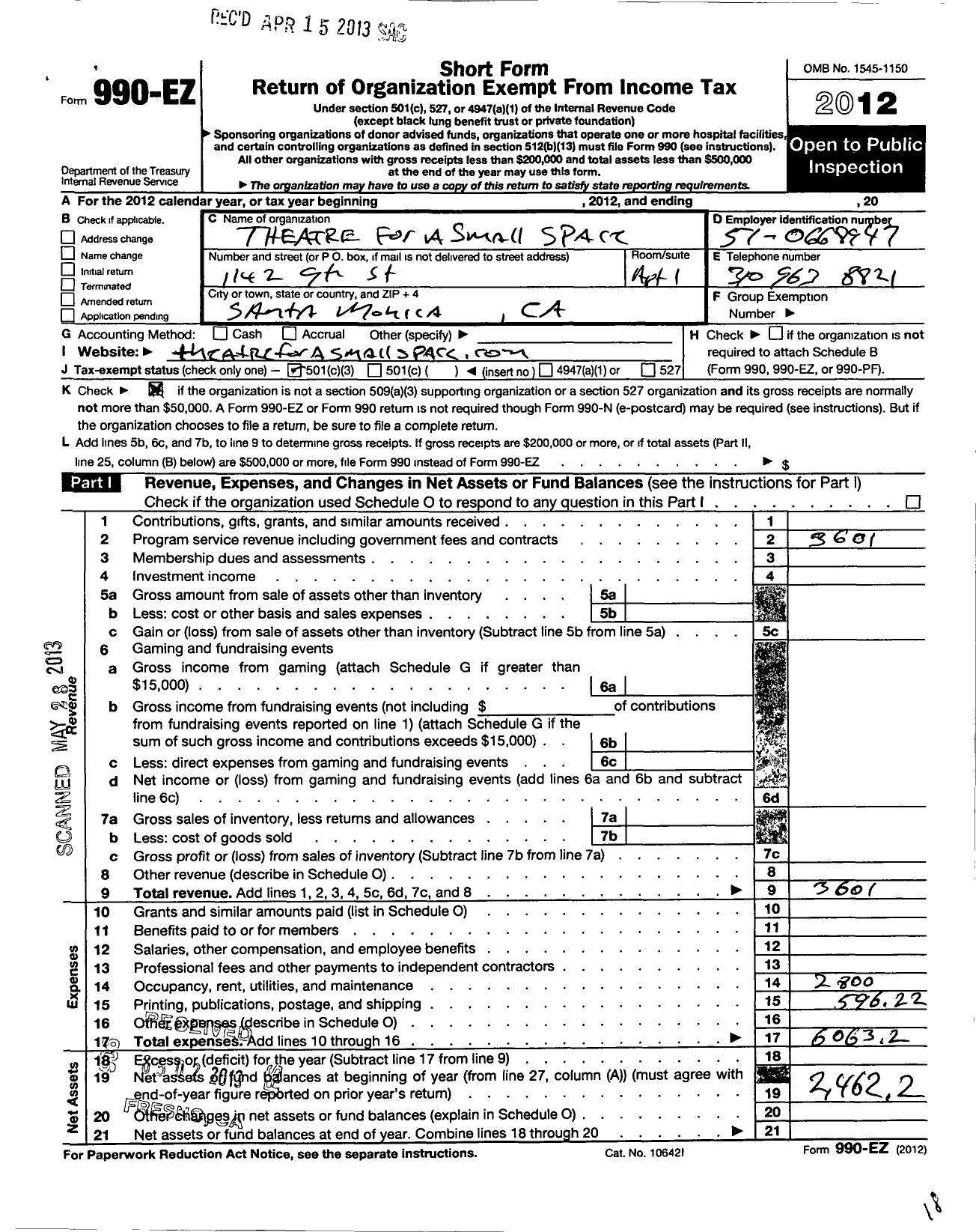 Image of first page of 2012 Form 990EZ for Theatre for A Small Space