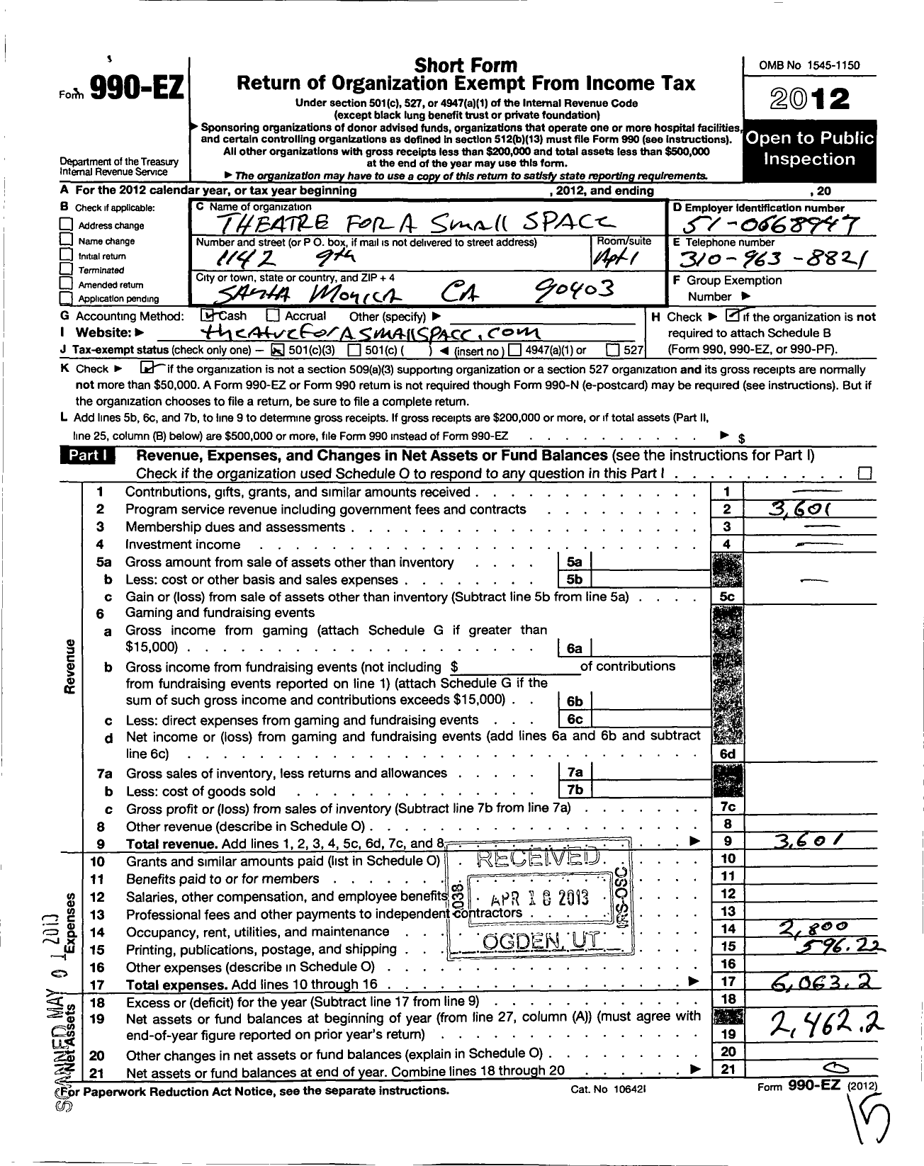 Image of first page of 2012 Form 990EZ for Theatre for A Small Space