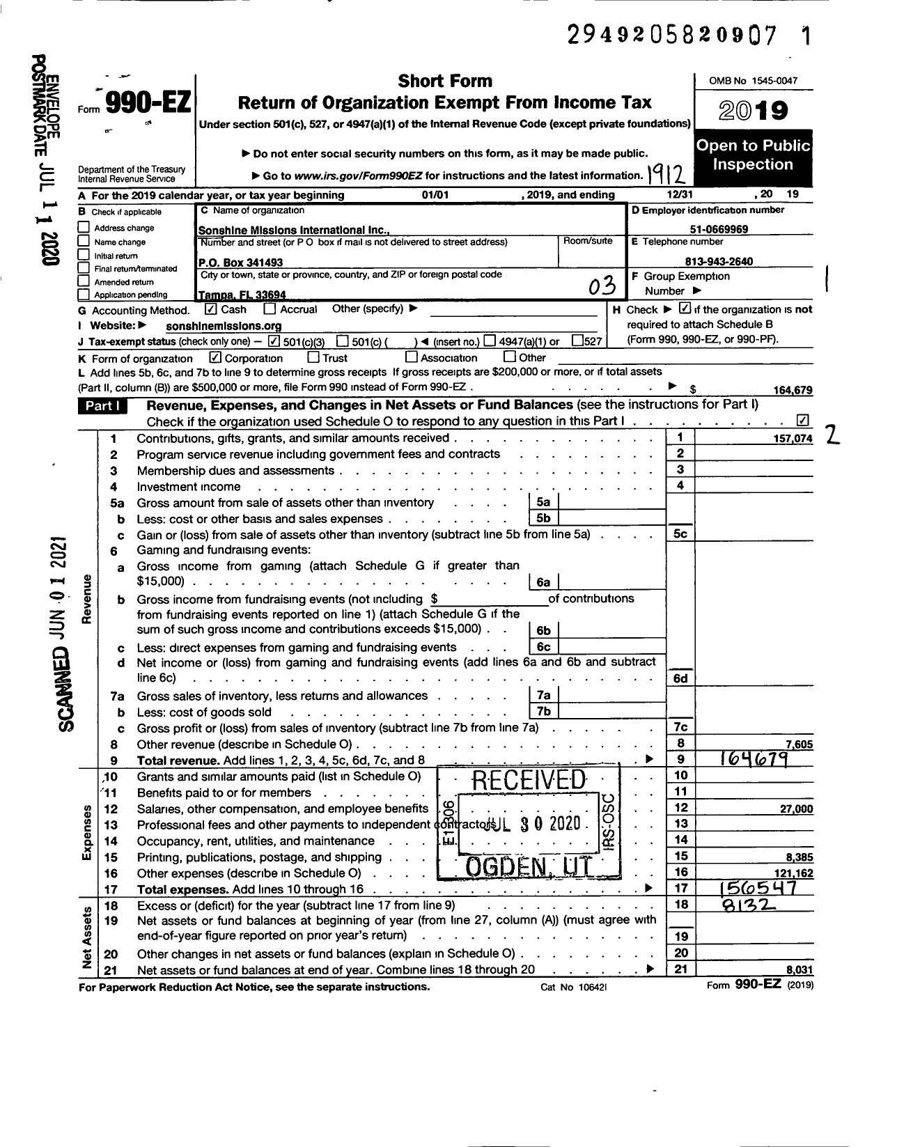 Image of first page of 2019 Form 990EZ for Sonshine Missions International